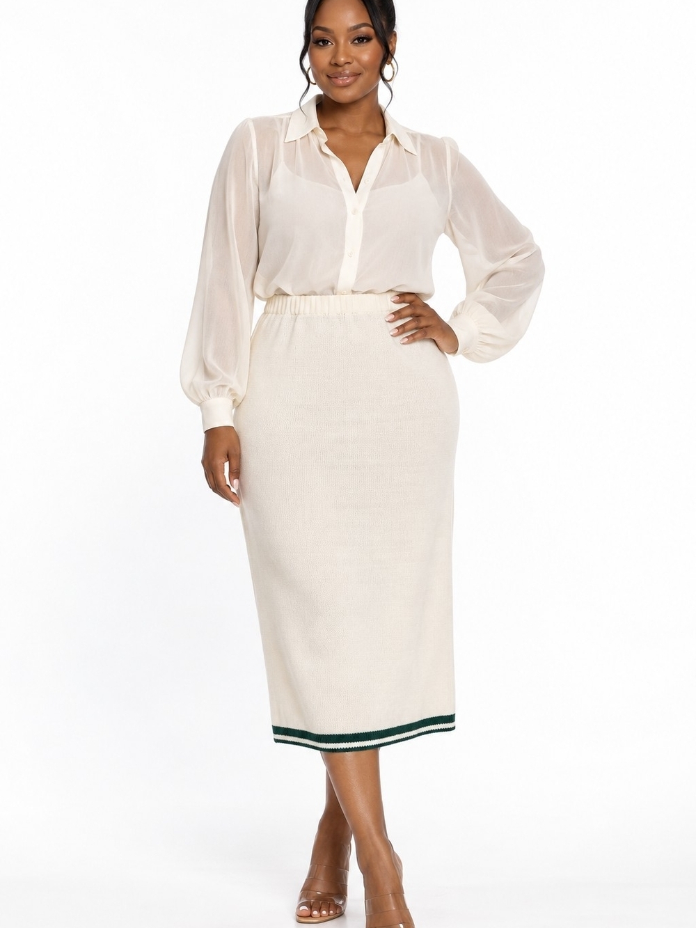 Cream Knit Midi Skirt with Contrast Trim - Picture 9 of 9